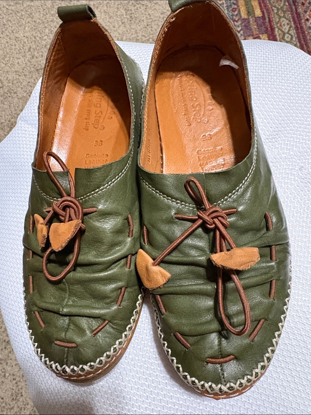 Spring Step Olive Green Leather Slip-On Loafers with Tan Accents